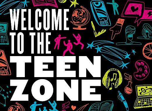 black background with neon images of a globe, computer, with "Welcome to the Teen Zone" in white letters
