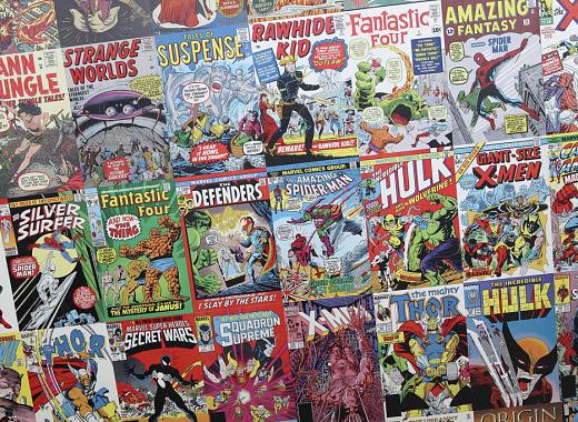 A collection of classic comic books placed side by side