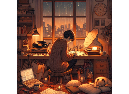 a boy sits in front of a window and is leaning over a desk writing in a journal with a record player next to him, a cat sits on a pillow on the floor next to him